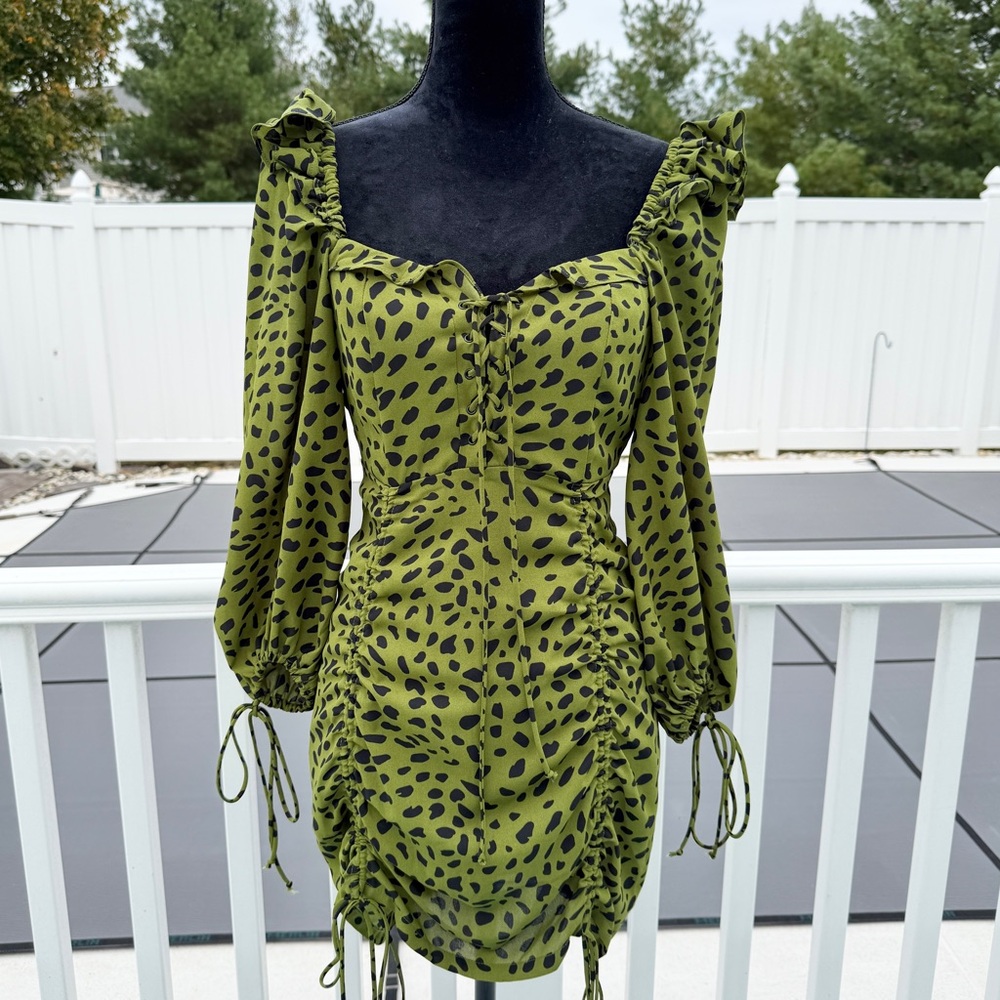 Signature 8 Green & Black Polka Dot Flirty Lace Up Mini Dress Ruffles Size Small